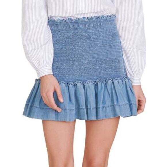 Veronica Beard Aloya Smocked Denim Ruffle Mini Skirt Size 4 Smocked Stretch - Picture 1 of 8